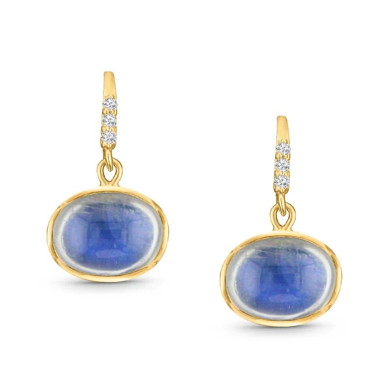 Tribal coin earrings-Rainbow Moonstone Oval & Diamond Earring In 18K Yellow Gold