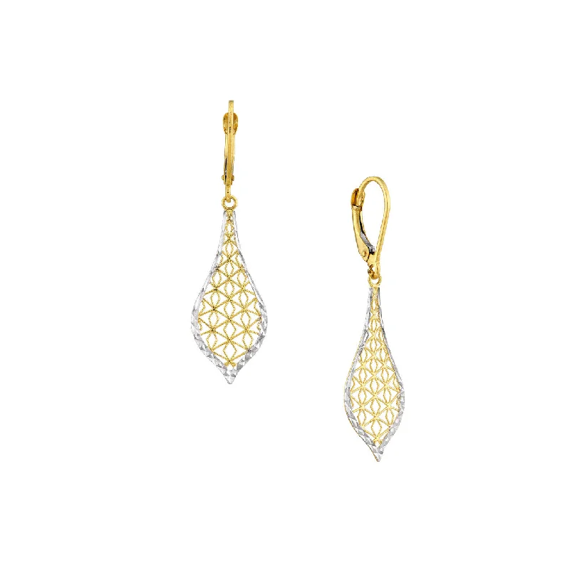 Thin threader earrings-14K Two Tone Yellow and White Gold Filigree Teardrop Dangle Earrings