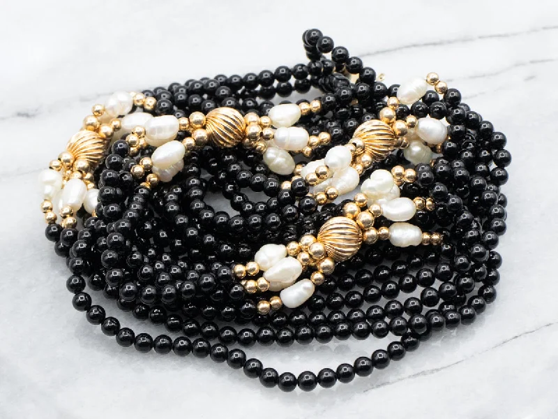 Andalusite necklaces-Black Onyx and Freshwater Pearl Multi Strand Necklace