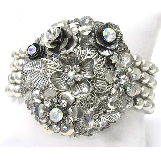 Straw weave bangles-Aurora Borealis Flowered Corsage with Multi-Strand Silvertone Stretch Bracelet