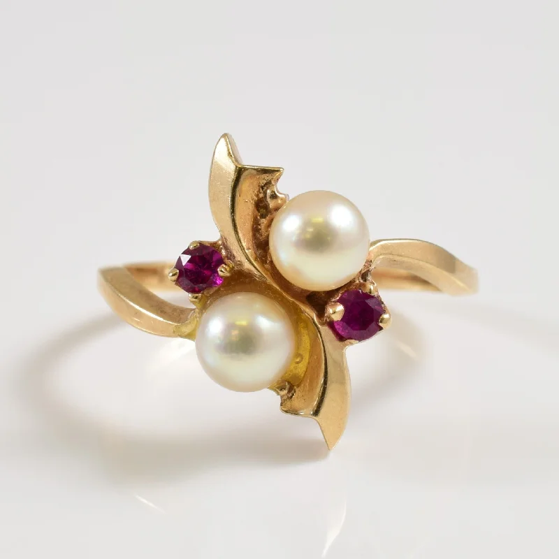 Beaded gem rings-Pearl & Ruby Bypass Ring | 1.80ctw, 0.12ctw | SZ 6.75 |