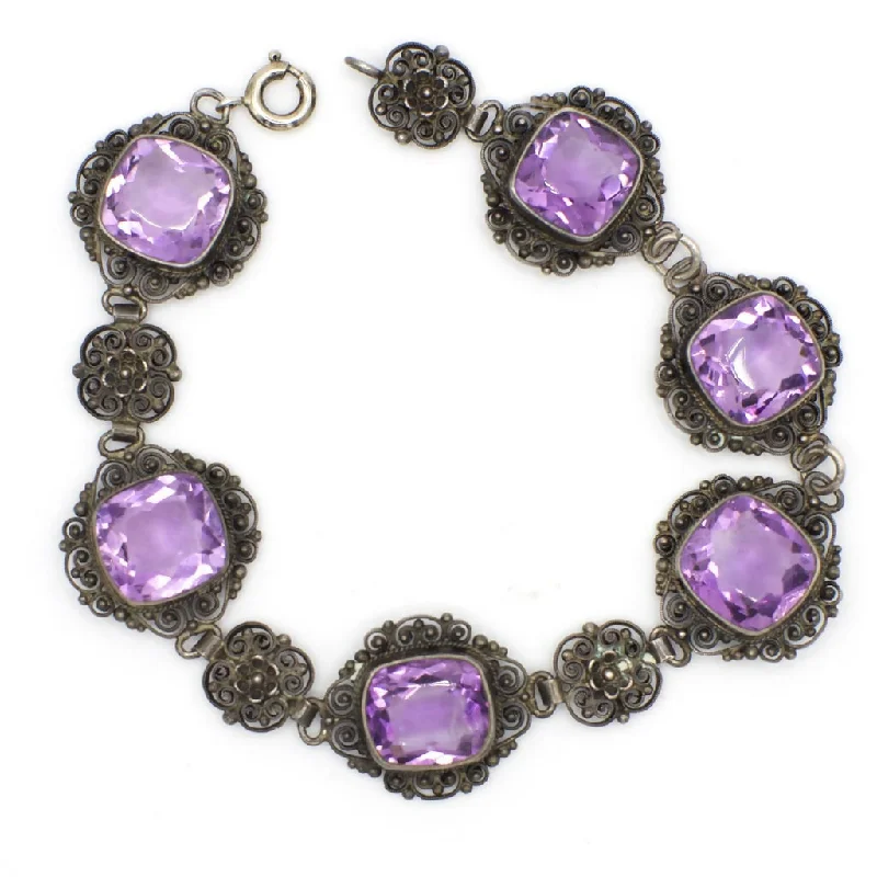 Faith charm bangles-Vintage Italian Designer Peruzzi Genuine Amethyst and Sterling Silver Filigree Bracelet