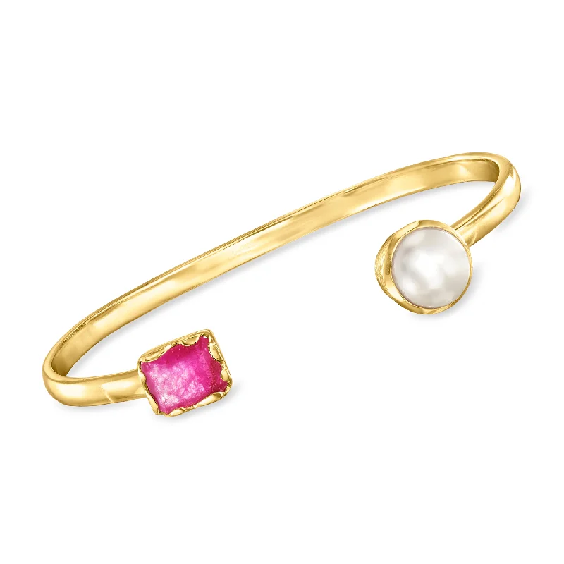 Cotton thread bangles-Ross-Simons 10-10.5mm Cultured Pearl and Pink Quartz Cuff Bracelet in 18kt Gold Over Sterling