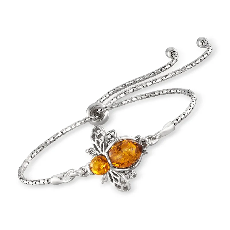 Woven cord bracelets-Ross-Simons Amber Bumblebee Bolo Bracelet in Sterling Silver