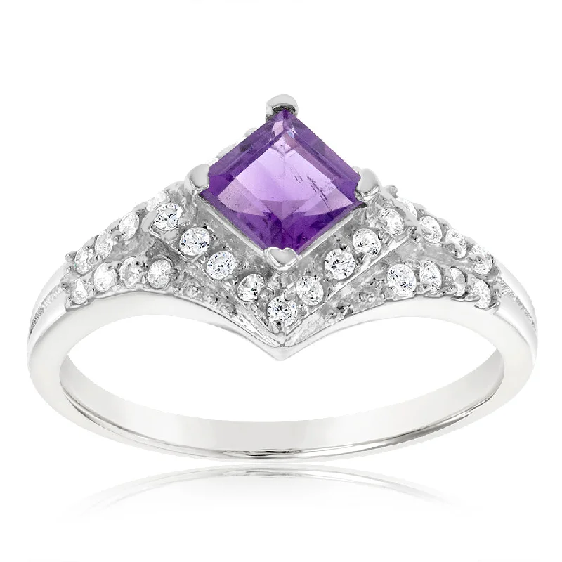 Rich cocktail rings-Sterling Silver Amethyst And Cubic Zirconia Fancy Ring