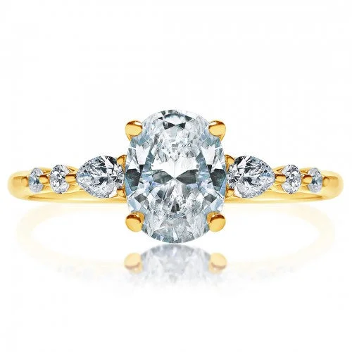 Aged deco rings-14K YELLOW GOLD OPEN GALLERY ENGAGEMENT RING MOUNTING WITH PEAR-SHAPE & ROUND DIAMONDS (SETTING ONLY)