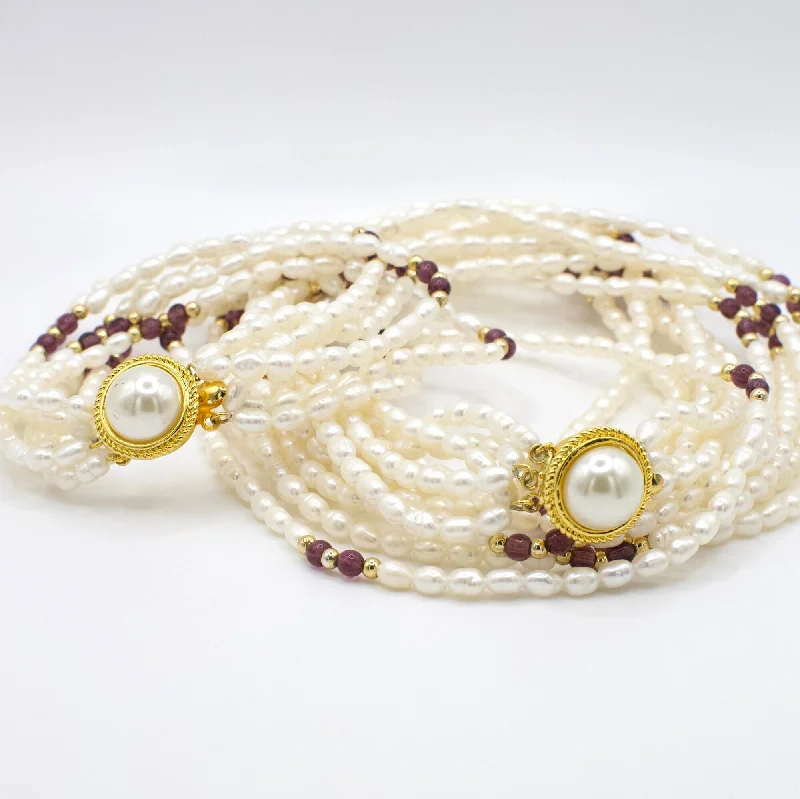 Beaded cluster bracelets-Vintage Gold Tone Multi-strand Rice Pearl Necklace and Bracelet Set