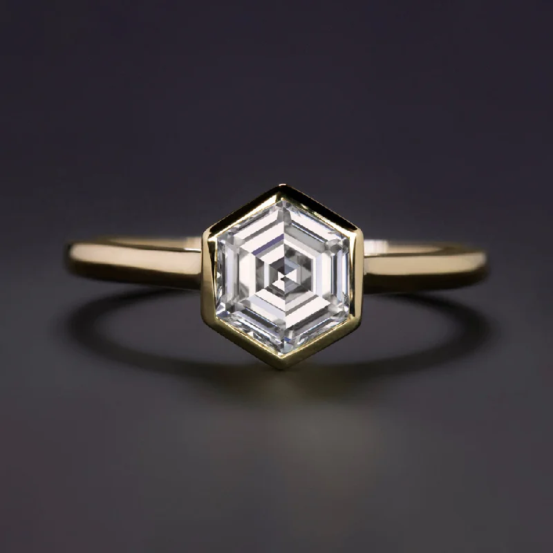 Twilight gothic rings-1ct LAB CREATED DIAMOND ENGAGEMENT RING BEZEL HEXAGON 14k YELLOW GOLD SOLITAIRE