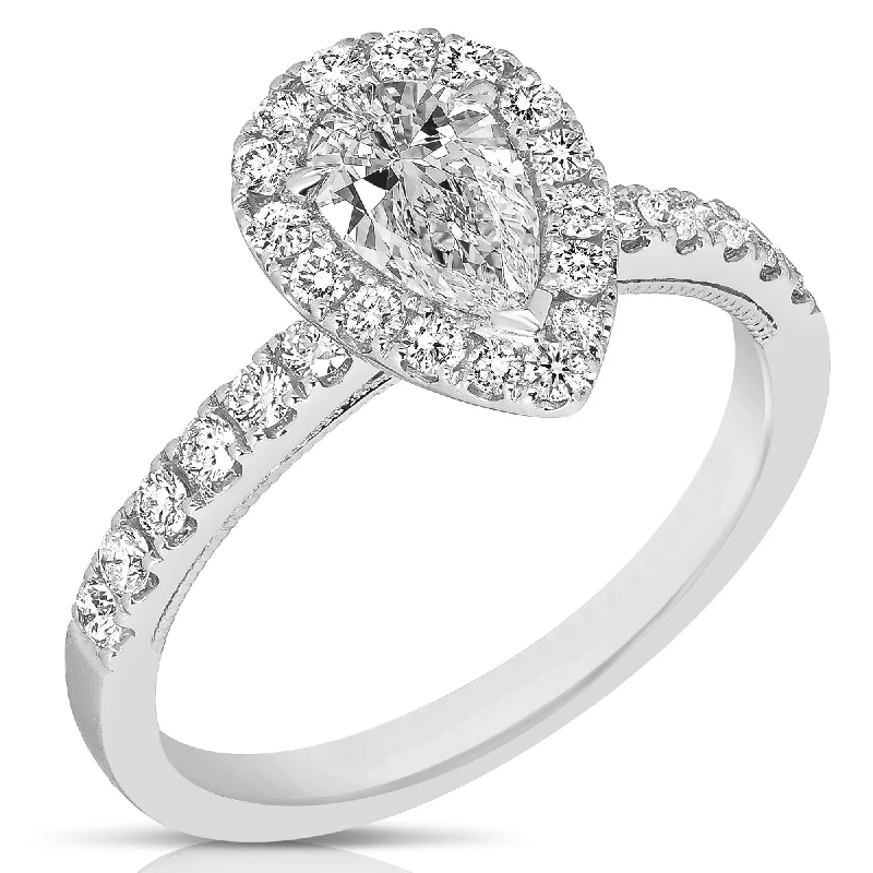 Lustrous druzy rings-1 Ctw Pear Diamond Halo Engagement Ring in White Gold