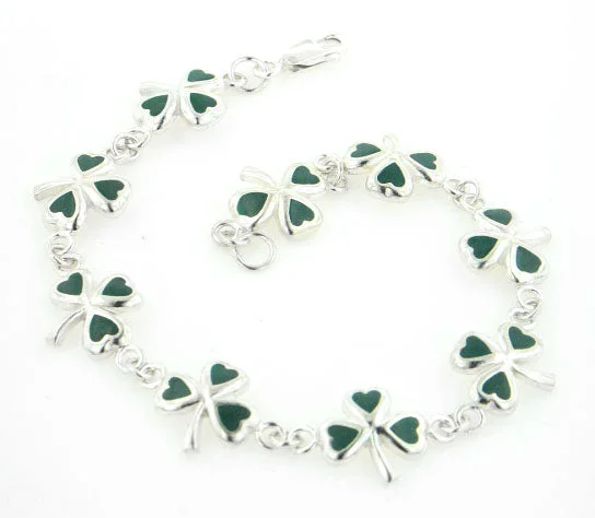 Spirit eye bangles-Green Enamel Irish Shamrock 3-Leaf Clover Sterling Silver Bracelet 7"