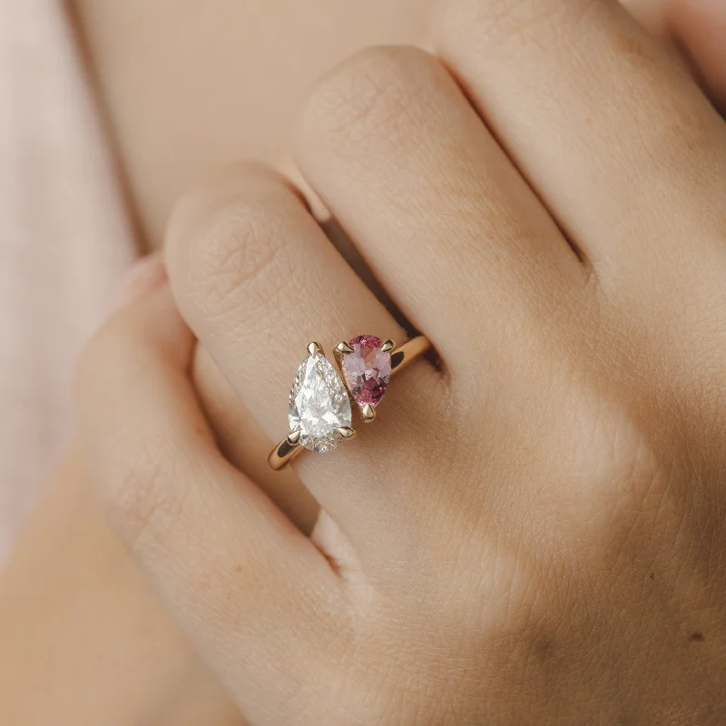 Fine texture rings-Lara Toi et Moi Pear Pink Spinel and Lab Diamond Ring