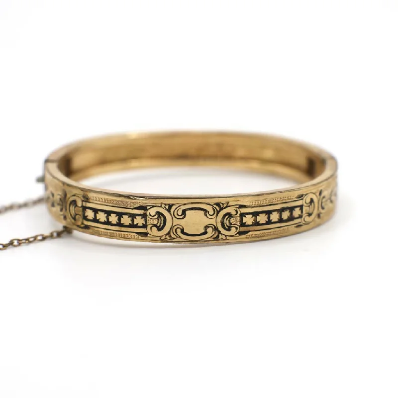 Aged lock bracelets-Unique Stamped "July 21 1874" Antique Mid Victorian Era 12K Gold Filled and Enamel Etched Bracelet