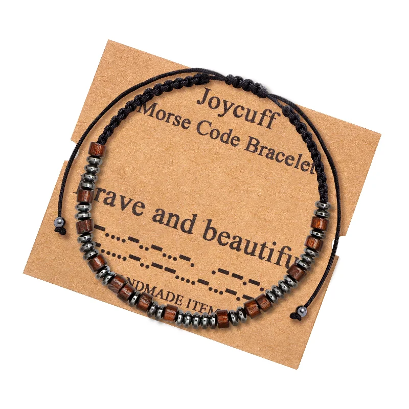 Lustrous druzy bangles-Brave and Beautiful Wood Morse Code Bracelets Inspirational Jewelry for Teen Girls Wife