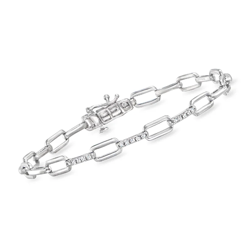 Thick gold bracelets-RS Pure by Ross-Simons Diamond Paper Clip Link Bracelet in Sterling Silver