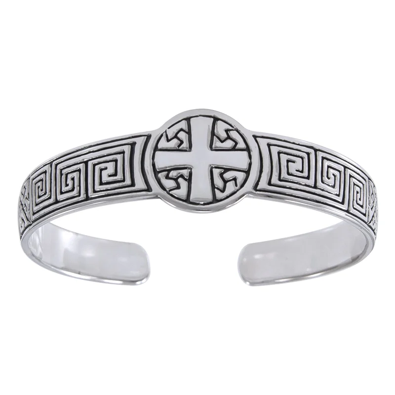 Playful bangles-Greek Square Spiral Sturdy Sterling Silver Heavy Weight Adjustable Cross Cuff Bracelet