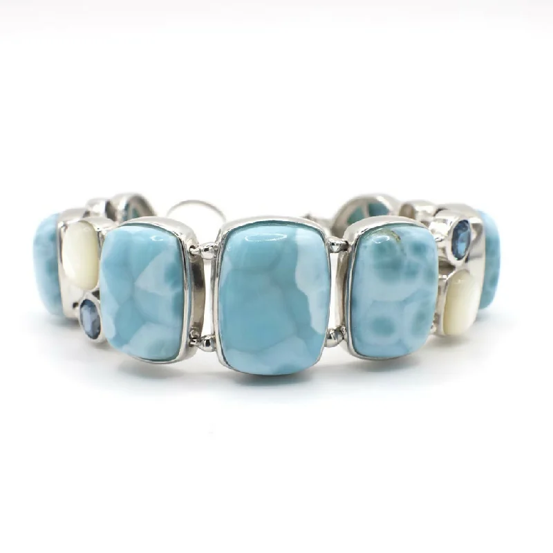 Fox motif bracelets-Genuine Larimar, Mother of Pearl, and Topaz Bracelet In Sterling Silver