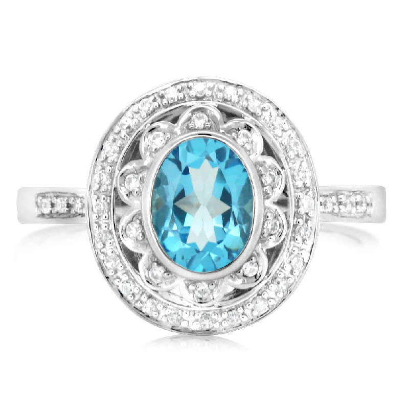 Aged deco rings-Sterling Silver 1.18 Carat Blue Topaz & 40Cubic Zirconia Ring