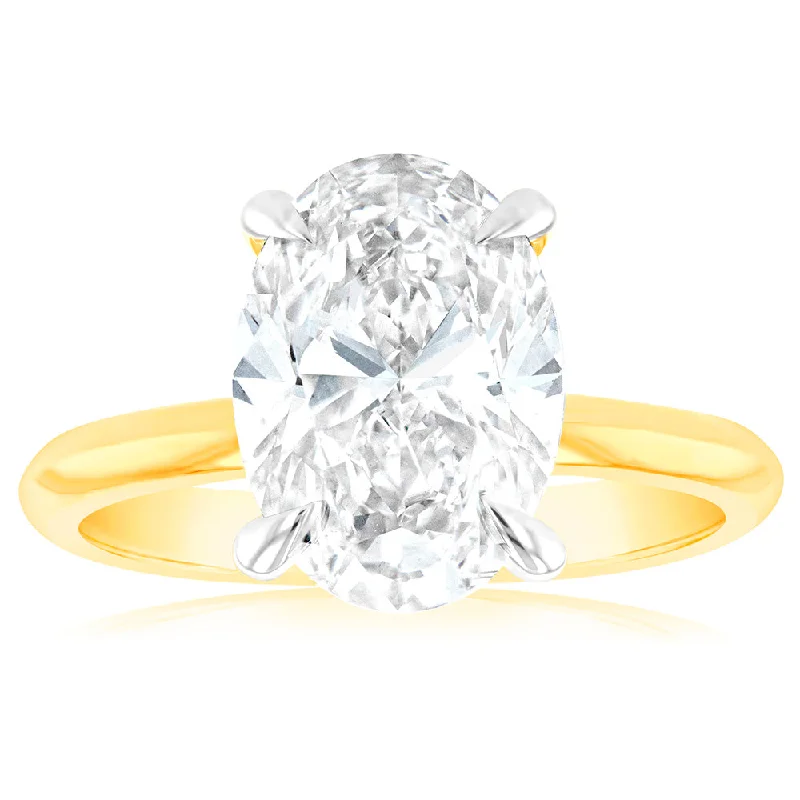 Stone-woven rings-Luminesce Lab Grown 3 Carat Certified Diamond Oval Solitaire Engagement Ring in 18ct Yellow Gold