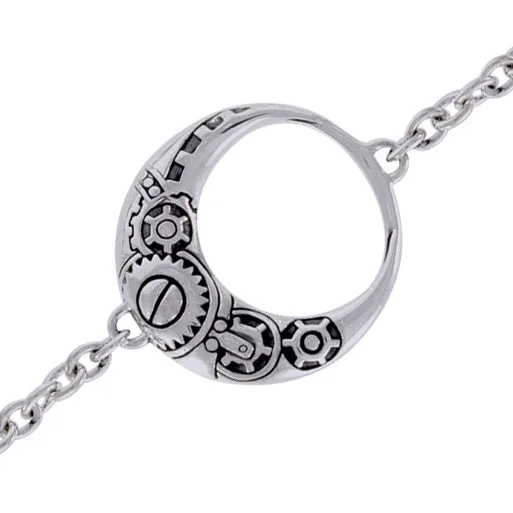 Soft enamel bracelets-Steampunk Clockwork Lunar Crescent Sterling Silver Bracelet, 7"