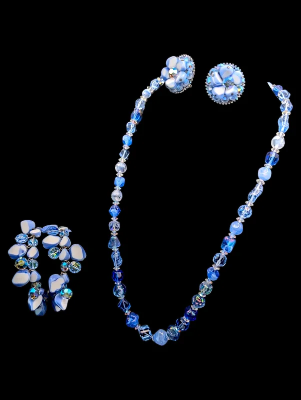 Bright diamond bracelets-Vintage Rare Signed Alice Caviness Blue and White Necklace, Earrings and Bracelet 3 Piece Set