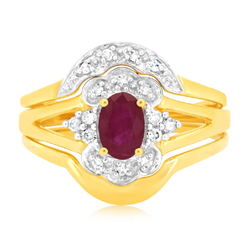 Stream style rings-9ct Yellow Gold 0.55 Carat Natural Ruby & 16 Diamonds Ring