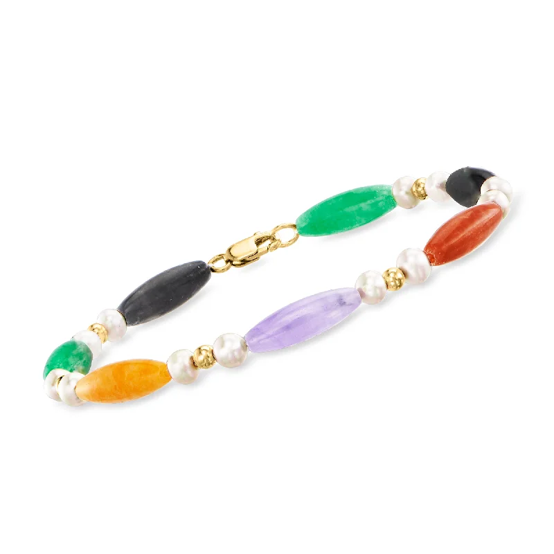 Multi-chain bracelets-Ross-Simons 5x15mm Multicolored Jade Bead and 4-4.5mm Cultured Pearl Station Bracelet With 14kt Yellow Gold