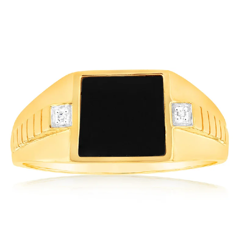 Thin frame rings-9ct yellow Gold Ring in 1Black Agate & 2Diamonds