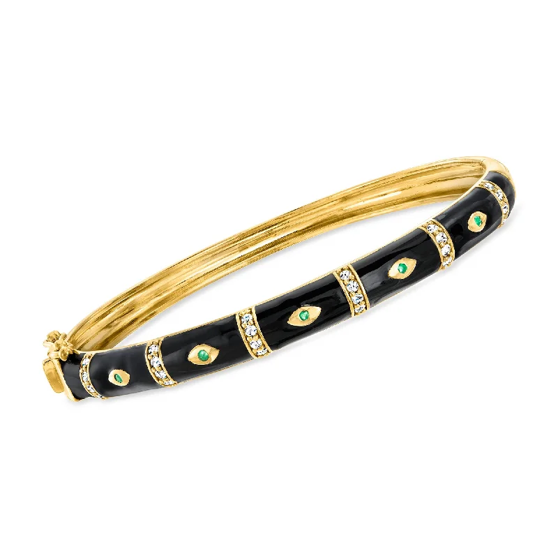 Hex shape bracelets-Ross-Simons White Topaz Evil Eye Bangle Bracelet With Emerald Accents and Black Enamel in 18kt Gold Over Sterling