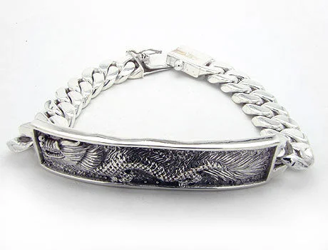 Serpentine bracelets-79gram Heavy Sterling Silver Antiqued Dragon Center Chain Bracelet 8" Length