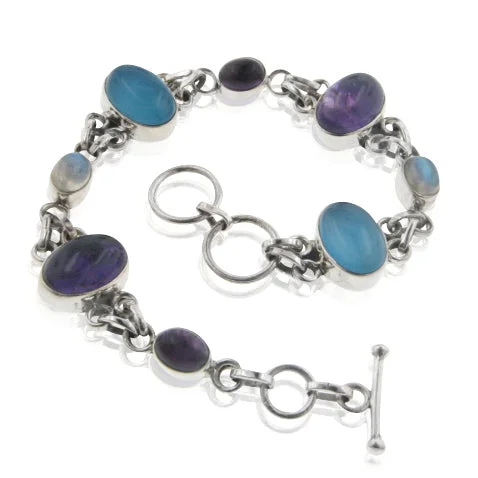 Thick gem bangles-Sterling Silver 8" Amethyst, Rainbow Moonstone, Blue Chalcedony Toggle Bracelet