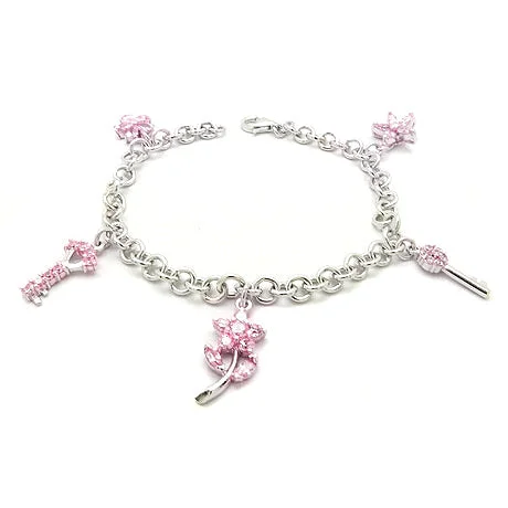 Aged deco bangles-Pink CZ Key Flower on Rhodium Plated Sterling Silver Charm Bracelet 7" - 8"