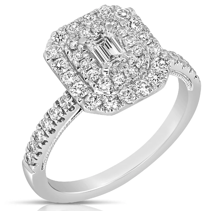 Beaded gem rings-1 Ctw Double Halo Emerald Cut Diamond Engagement Ring in White Gold