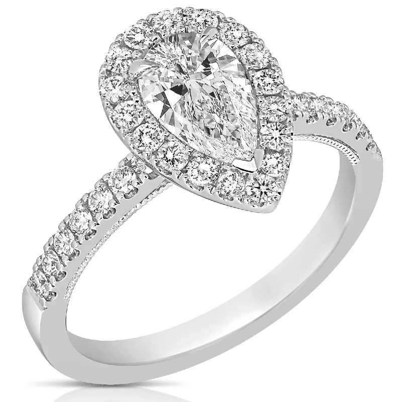 Faith charm rings-1 1/2 Ctw Pear Diamond Halo Engagement Ring in White Gold