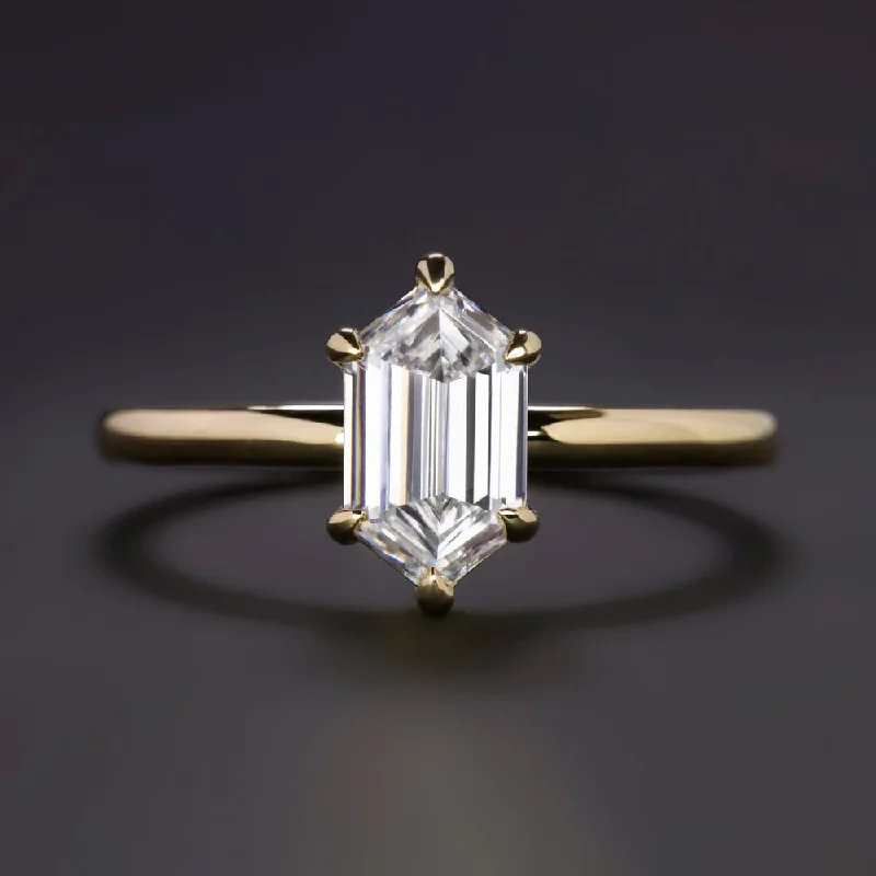 Polished gloss rings-1.15ct LAB CREATED DIAMOND ENGAGEMENT RING HEXAGON CUT 14k YELLOW GOLD SOLITAIRE