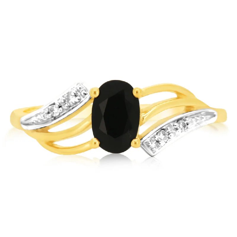 Polished gloss rings-9ct Yellow Gold 0.65 Carat Natural Sapphire & Diamonds Ring