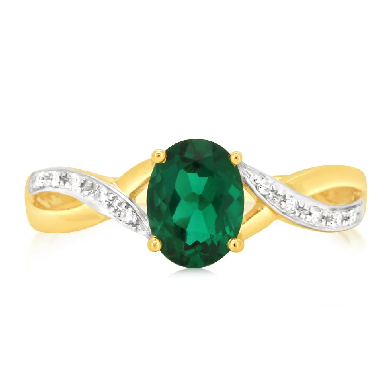 Cosmic birthstone rings-9ct Yellow Gold 1.8 Carat Created Emerald & 10Diamonds Ring