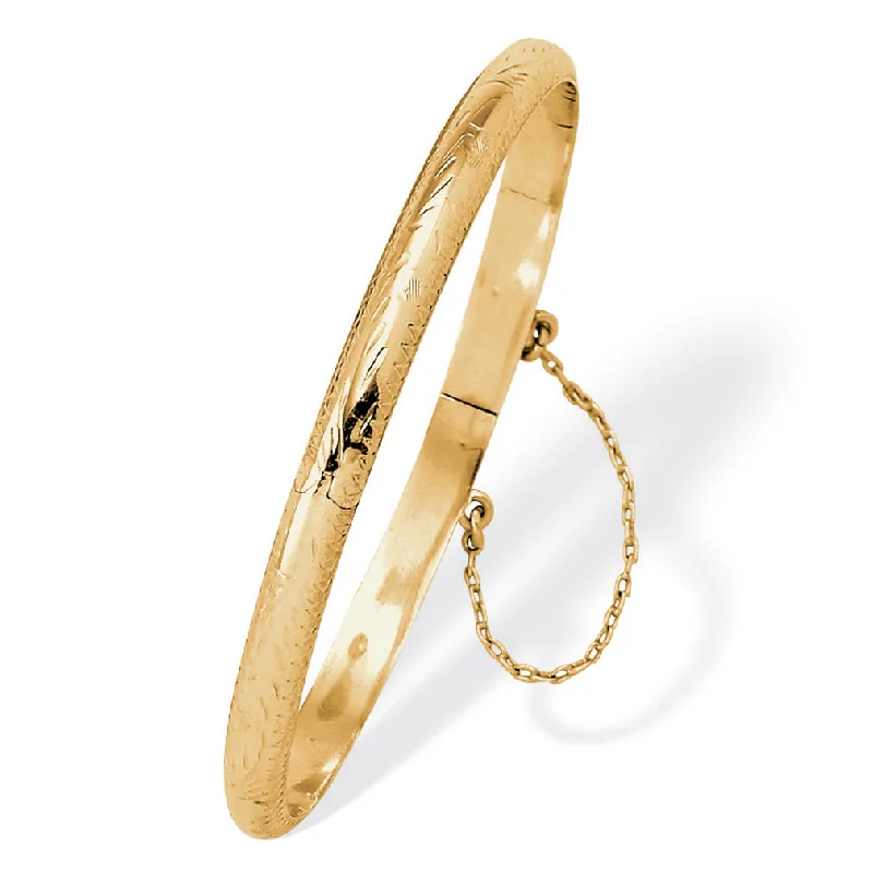 Cotton thread bangles-Etched Bangle Bracelet in 18k Yellow Gold Over .925 Sterling Silver 7"