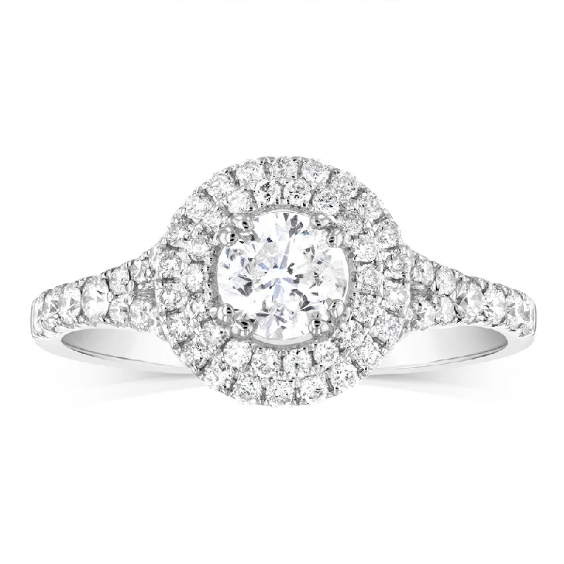 Playful rings-14ct White Gold 1 Carat Brilliant Cut Diamond Solitaire Ring with Double Diamond Halo and Diamond Split Shank