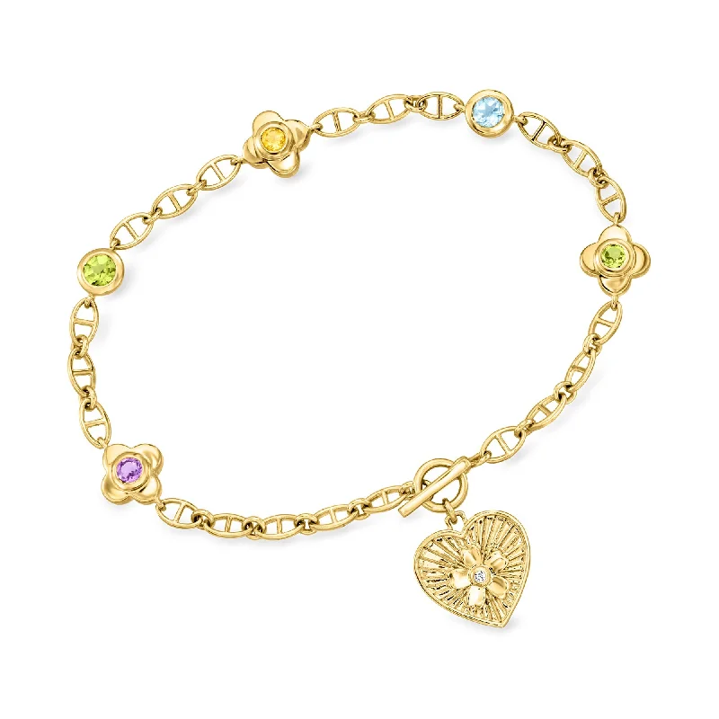 Small star bracelets-Ross-Simons Multi-Gemstone Floral Heart Toggle Bracelet With Diamond Accent in 18kt Gold Over Sterling