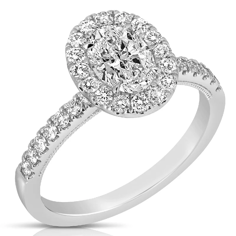 Small star rings-1 1/4 Ctw Oval Diamond Halo Engagement Ring in White Gold