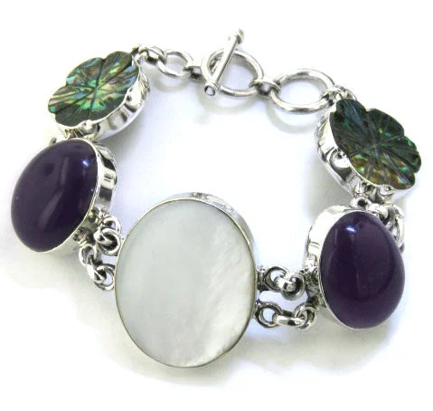 Oval design bangles-7" Flower and Mother of Pearl Sterling Silver Bracelet