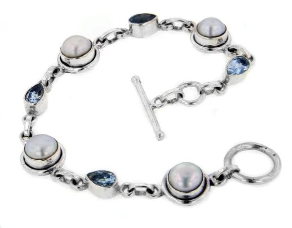 Polished gloss bracelets-Sterling Silver Blue Topaz Freshwater Pearl Bracelet