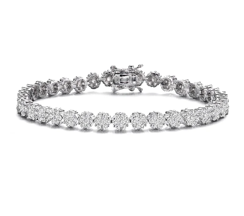 Root carved bracelets-GENEVIVE Sterling Silver Cubic Zirconia Flower Design Tennis Bracelet