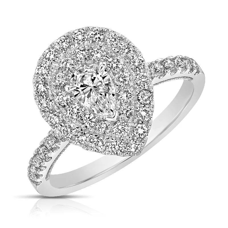 Graceful art rings-1 Ctw Double Halo Pear Cut Diamond Engagement Ring in White Gold