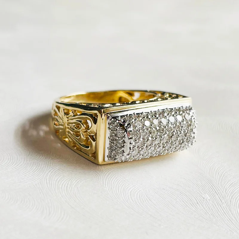 Aged flair rings-Estate 14K Yellow Gold Diamond Pave Ring with Scroll Detail