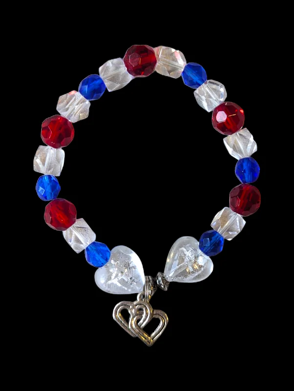 Small pearl bangles-Vintage Cut Crystal Heart Charm Bracelet in Red, White and Blue