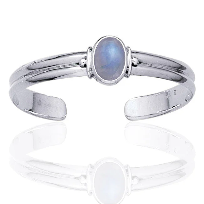 Twilight gothic bracelets-Adjustable Sterling Silver Cuff Bracelet with a Rainbow Moonstone Center Gem