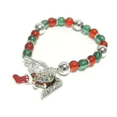 Fine stack bracelets-Green And Red Beaded Christmas Stretch Charm Bracelet