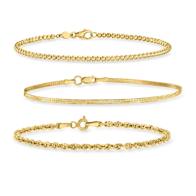 Light wood bracelets-RS Pure by Ross-Simons 14kt Yellow Gold Jewelry Set: 3 Herringbone, Bead and Rope-Chain Bracelets