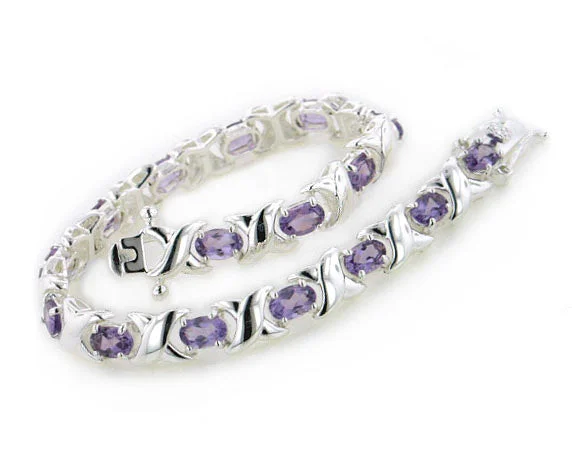 Thick gem bangles-Sterling Silver Elegant X Link and Genuine Oval Amethyst Bracelet - 7.5"